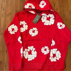 1822 Denim Red Hoodie with White Floral Design